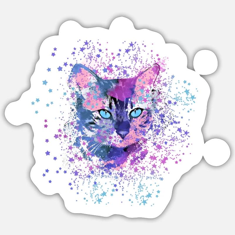 katze,bunt, Aquarell, kätzchen,sterne - Sticker Größe S (10 x 10 cm) - Mattweiß