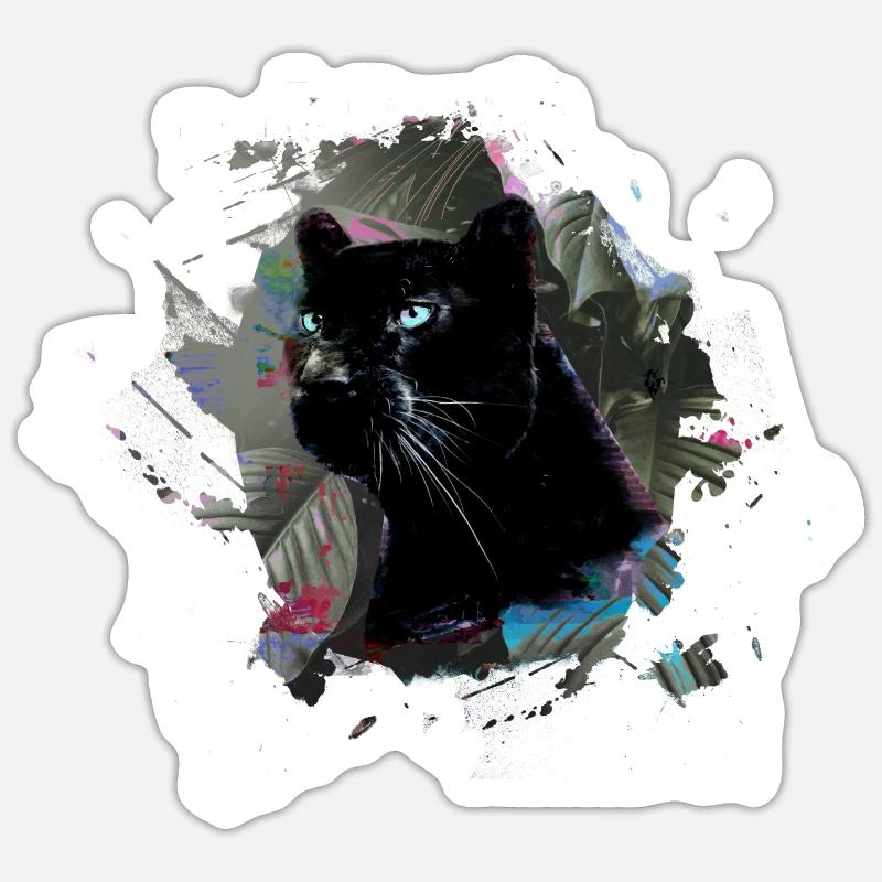 panthère, guépard, léopard, noir, vert, jungle - Sticker taille S (10 x 10 cm) - blanc mat