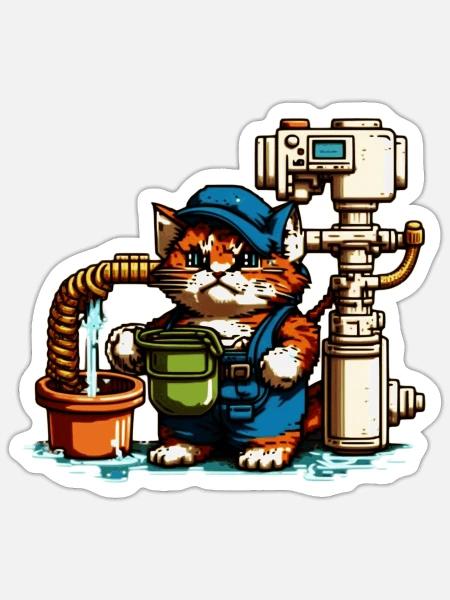 Retro Pixelart heizungsbau Katze 8 Bit Retro - Sticker Größe S (10 x 10 cm) - Mattweiß
