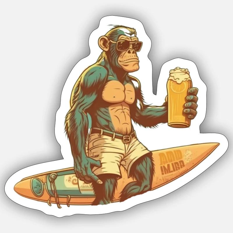 Bier Schimpanse mit Surfbrett Sticker Größe S (10 x 10 cm)