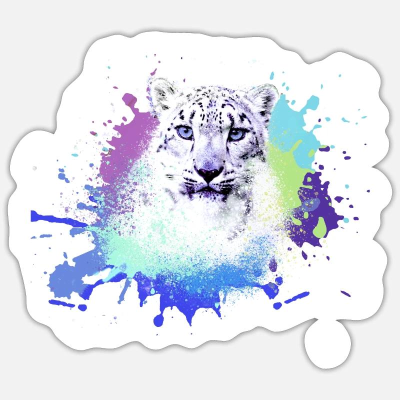 schneeleopard,katze,leopard, jaguar,bunt - Sticker Größe S (10 x 10 cm) - Mattweiß