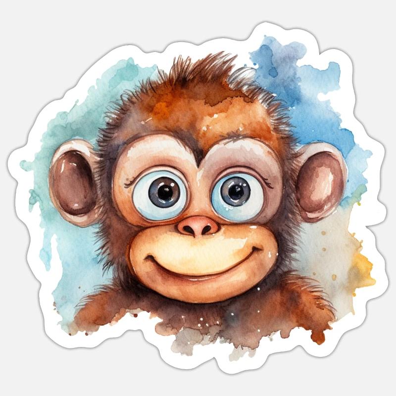 Singe Dessin Aquarelles - Sticker taille S (10 x 10 cm) - blanc mat