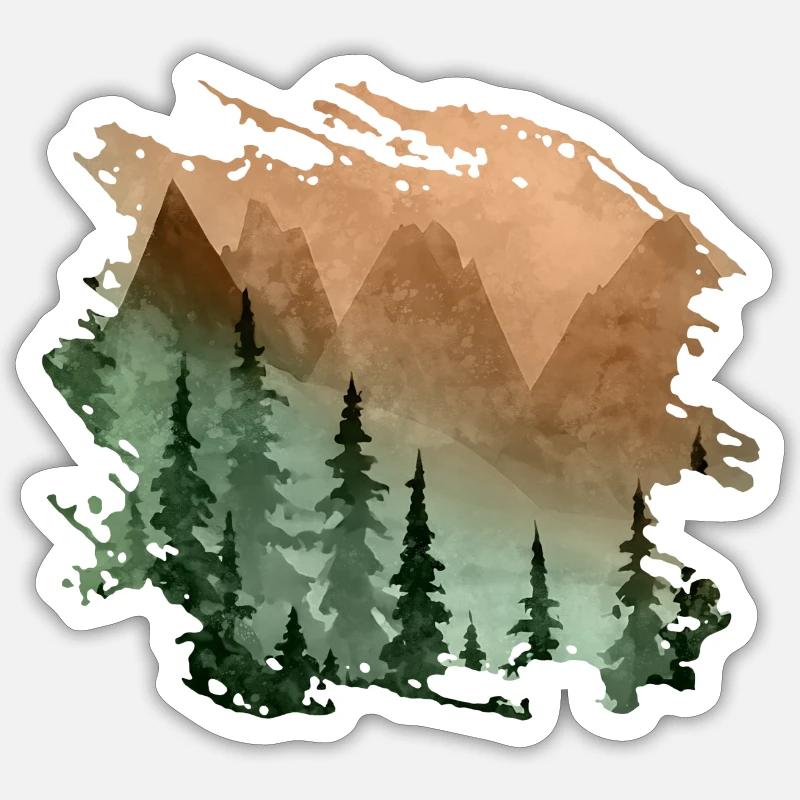 Bergwald Panorama (Grün/Gelb) - Sticker Größe S (10 x 10 cm) - Mattweiß