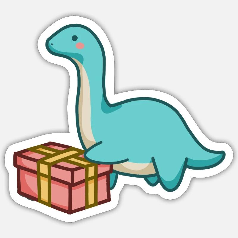 hugadino Dino mit Geschenk, süßer Dinosaurier - Sticker Größe S (10 x 10 cm) - Mattweiß