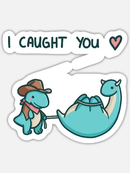 hugadino I caught you, süßer Dinosaurier, Dino - Sticker Größe S (10 x 10 cm) - Mattweiß