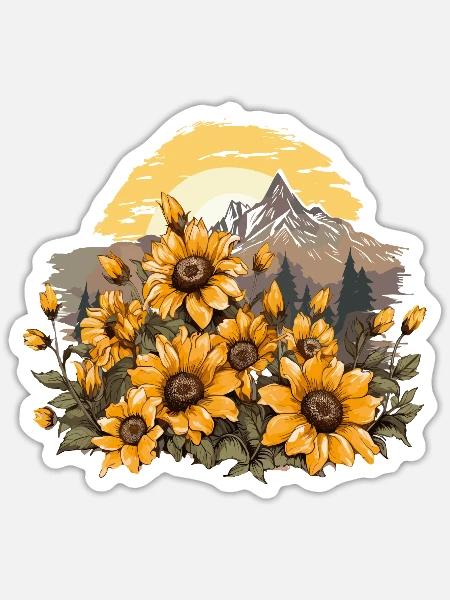 Sonnenblumen und Berglandschaft - Sticker Größe S (10 x 10 cm) - Mattweiß