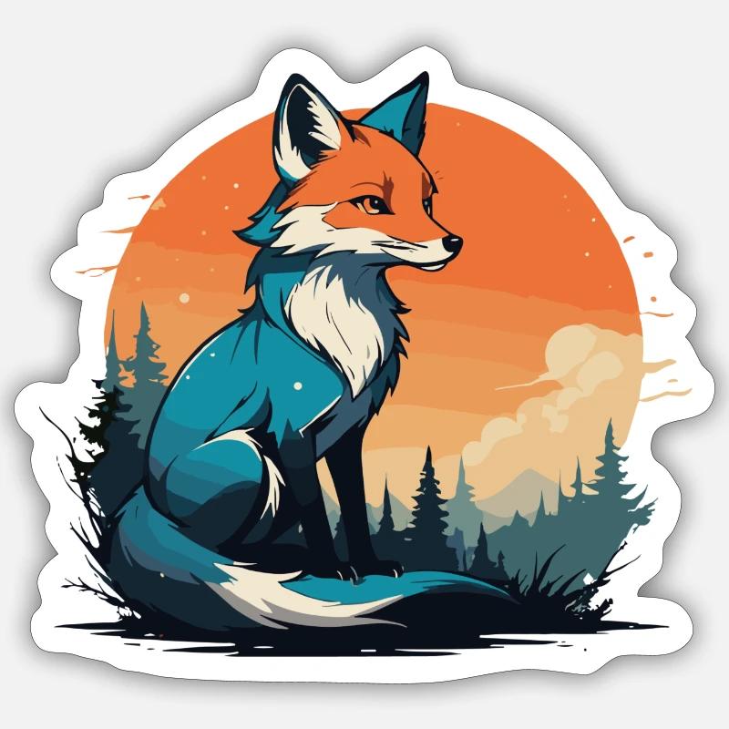 Fox Mignon Et Cool Dessin Animé Forêt Coucher De Soleil Montagne - Sticker taille S (10 x 10 cm) - blanc mat