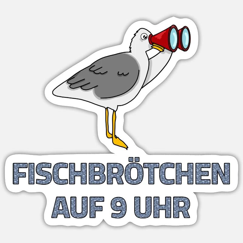 Fischbrötchen auf 9 Uhr - Möwe mit Fernglas - Sticker Größe S (10 x 10 cm) - Mattweiß