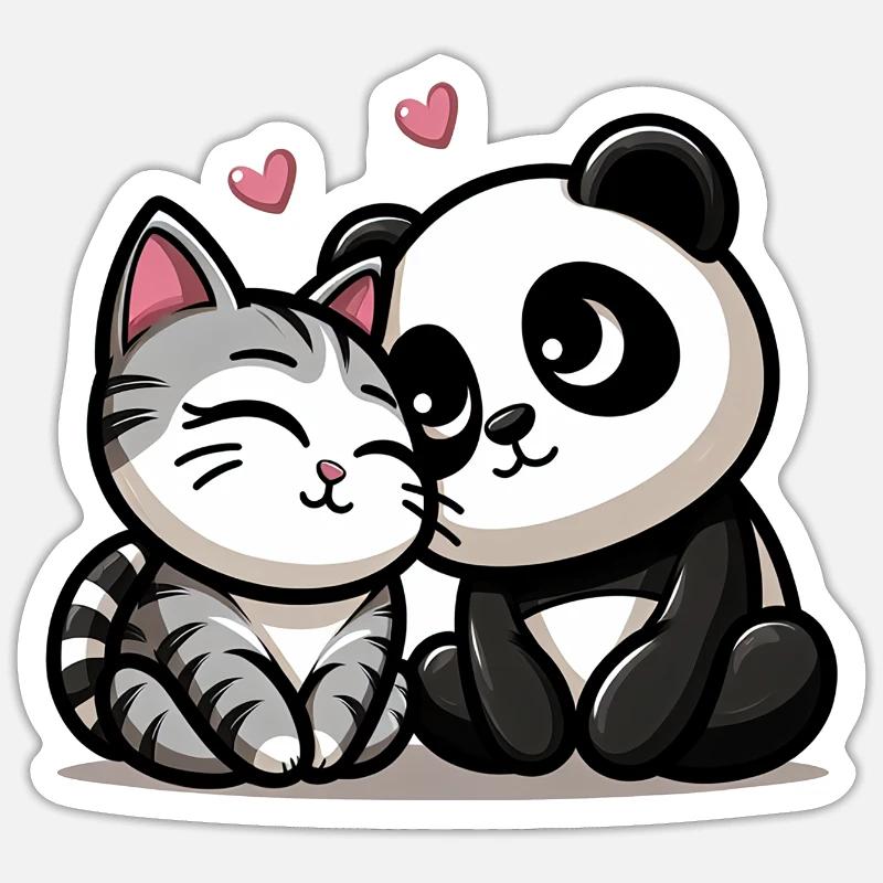 Chat Câlin Et Panda Amoureux - Sticker taille S (10 x 10 cm) - blanc mat