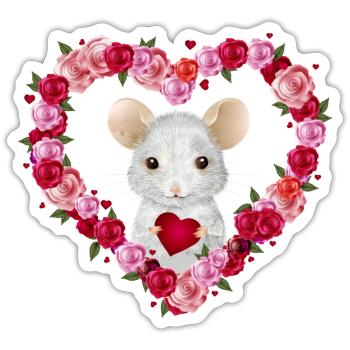 weiße Maus mit Rosen Herz zum Valentinstag - Sticker Größe S (10 x 10 cm) - Mattweiß - Vorne
