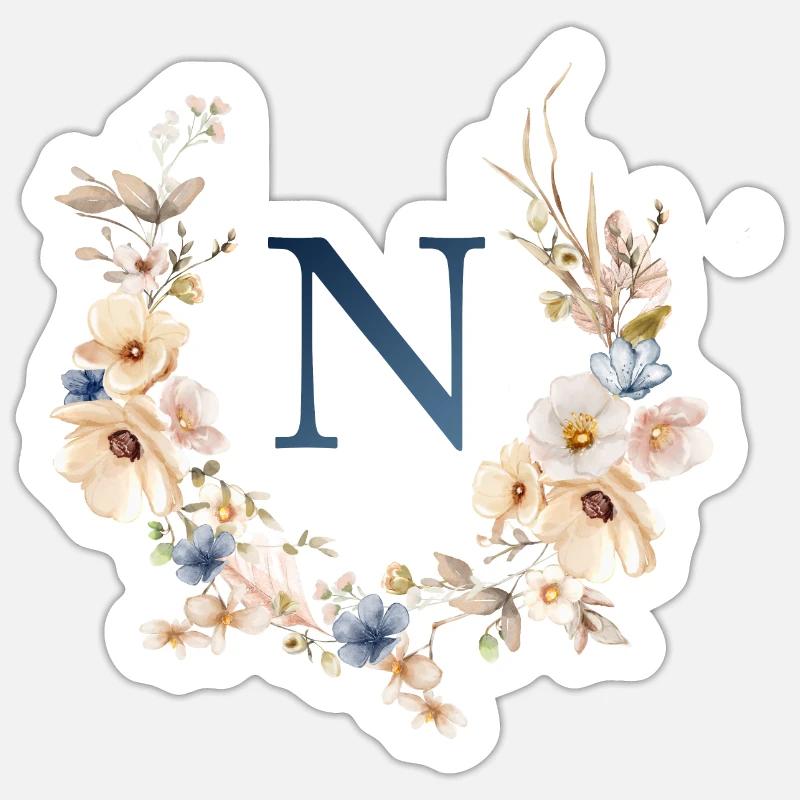 N Monogramm , Floral, Boho - Sticker Größe S (10 x 10 cm) - Mattweiß