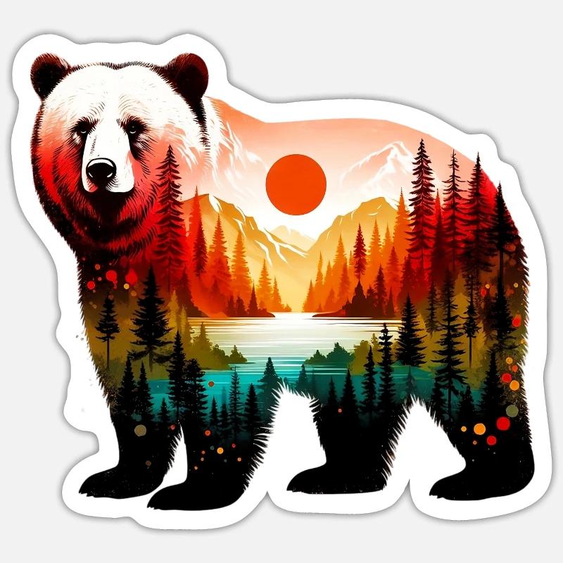 Decorated bear painted with forest landscape - Sticker size S (10 x 10 cm) - white matte