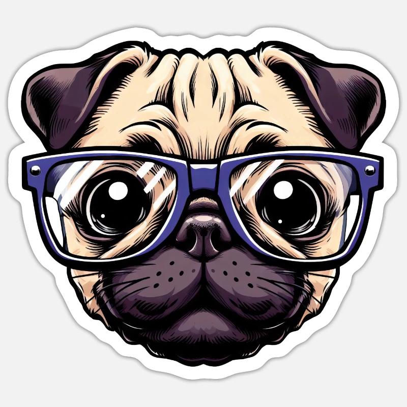 Nerdiger Mops mit Brille - Sticker Größe S (10 x 10 cm) - Mattweiß