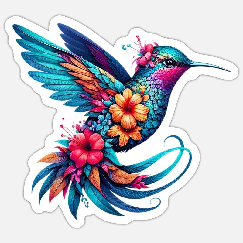 Colibri décoré de fleurs - Sticker taille S (10 x 10 cm) - blanc mat