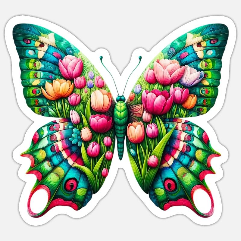 Papillon Fleurs Tulipes Tulipe Hollande - Sticker taille S (10 x 10 cm) - blanc mat
