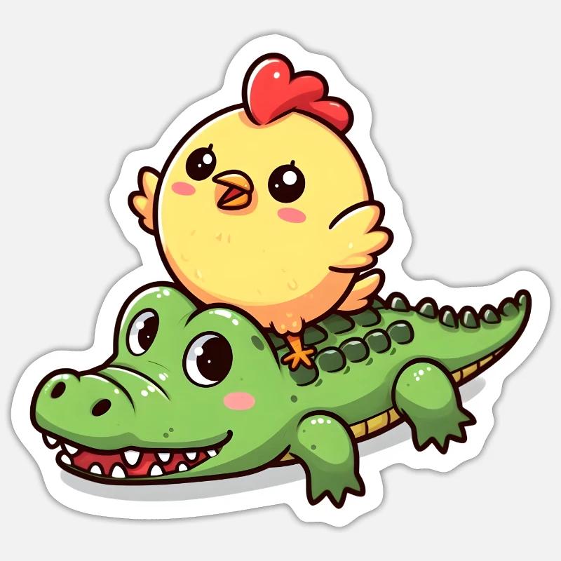 Poulet mignon sur crocodile - Sticker taille S (10 x 10 cm) - blanc mat