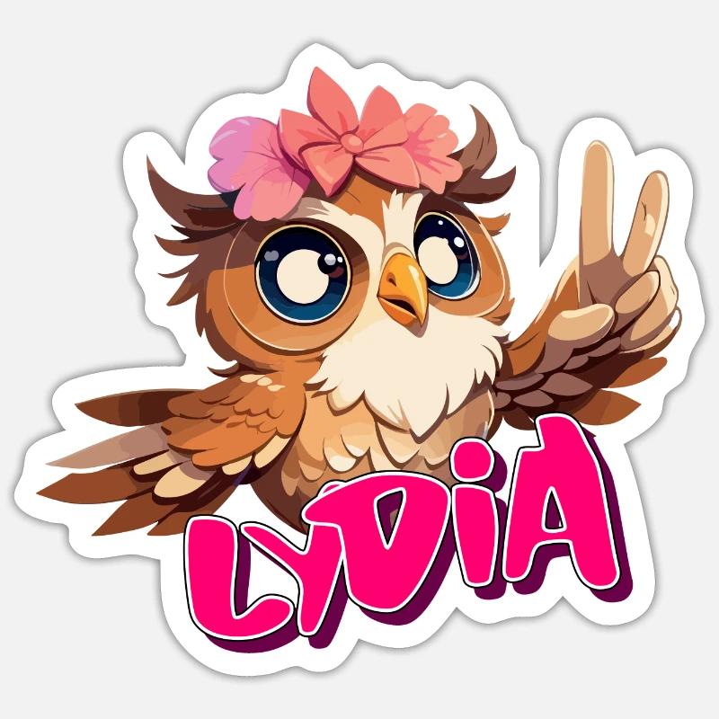 LYDIA - Schöner Mädchen Name mit süßer EULE Sticker Größe S (10 x 10 cm)