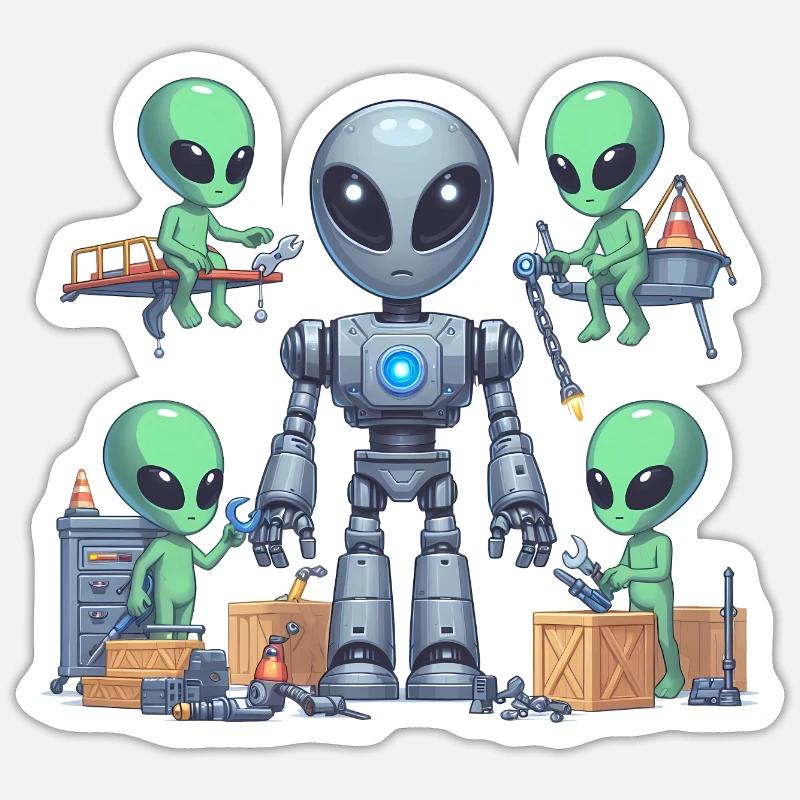 Aliens build robots - Sticker size S (10 x 10 cm) - white matte