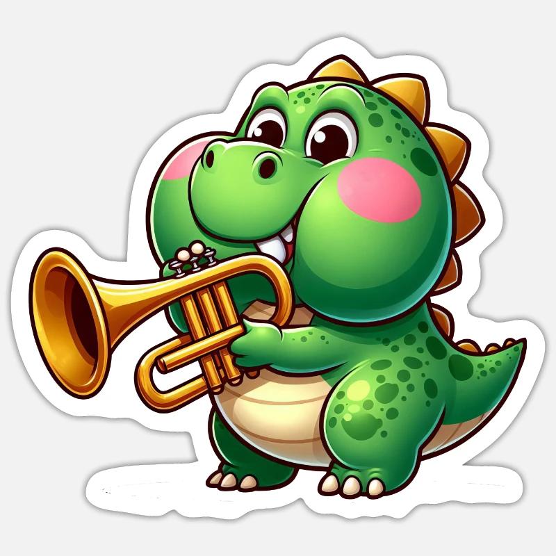 Dicker Trex mit Trompete Cartoon Dinosaurier Musik - Sticker Größe S (10 x 10 cm) - Mattweiß