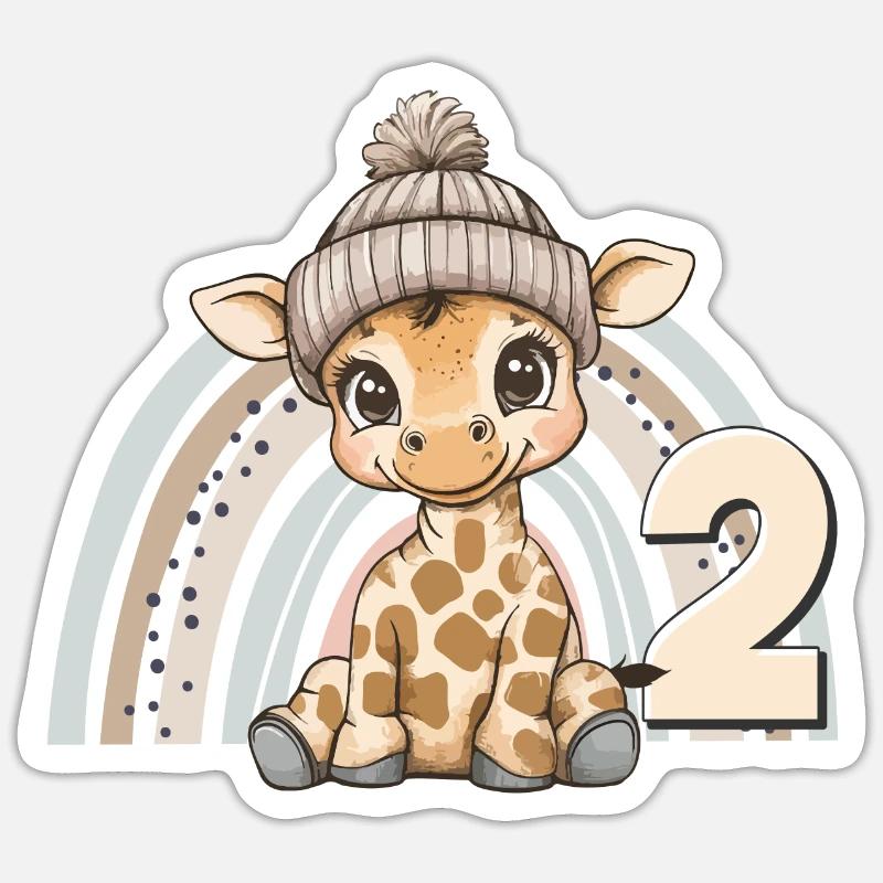 2. Geburtstag Giraffe Regenbogen Süß Niedlich - Sticker Größe S (10 x 10 cm) - Mattweiß