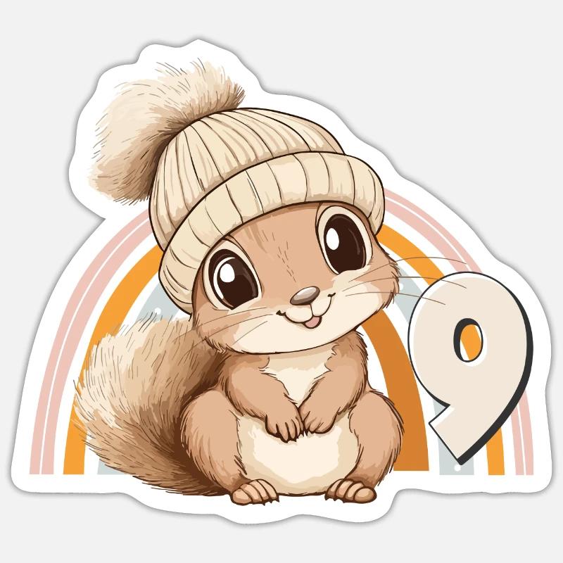 9. Geburtstag Eichhörnchen Regenbogen Süß Niedlich Sticker Größe S (10 x 10 cm)