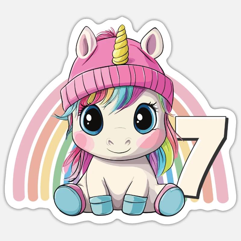 7. Geburtstag Einhorn Regenbogen Süß Niedlich - Sticker Größe S (10 x 10 cm) - Mattweiß