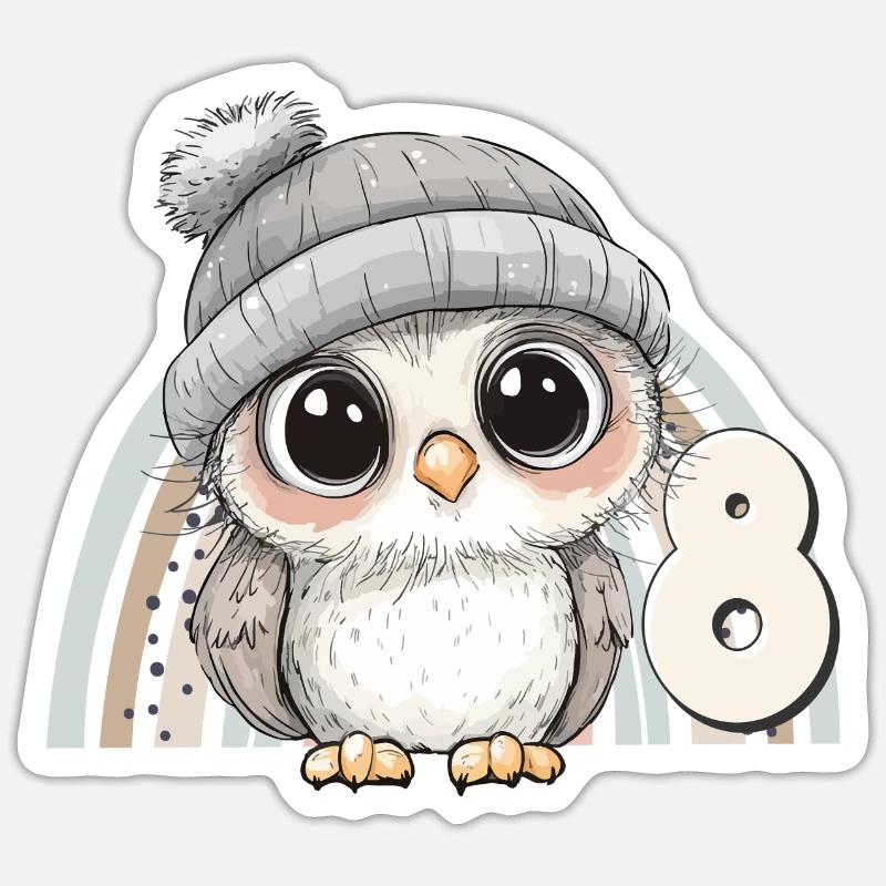8. Geburtstag Eule Regenbogen Süß Niedlich - Sticker Größe S (10 x 10 cm) - Mattweiß