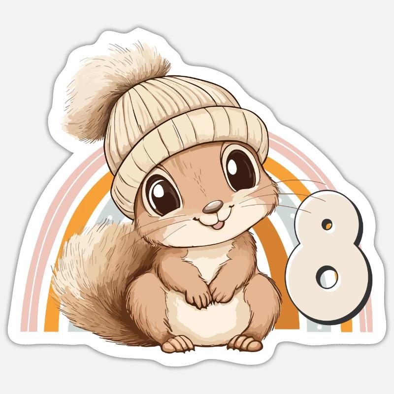 8. Geburtstag Eichhörnchen Regenbogen Süß Niedlich Sticker Größe S (10 x 10 cm)