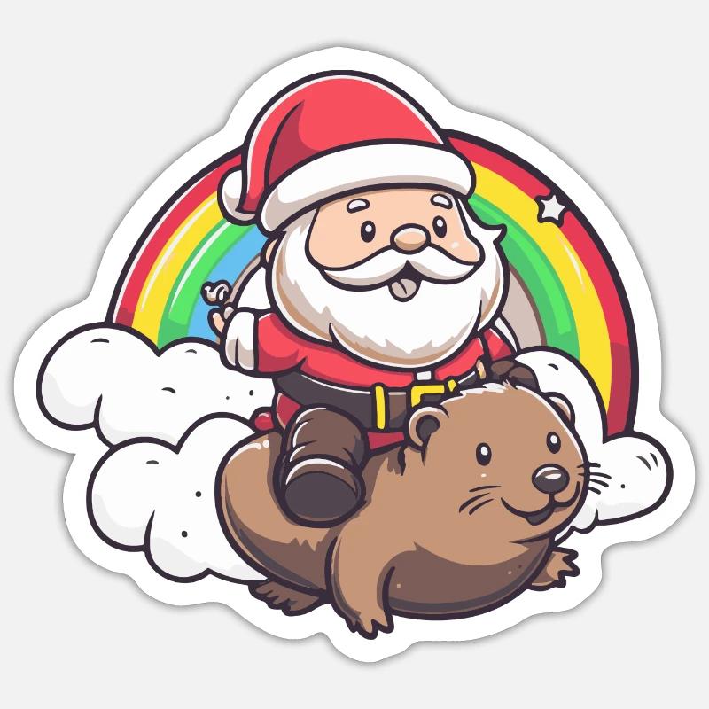 Biber Weihnachtsmann Regenbogen - Sticker Größe S (10 x 10 cm) - Mattweiß