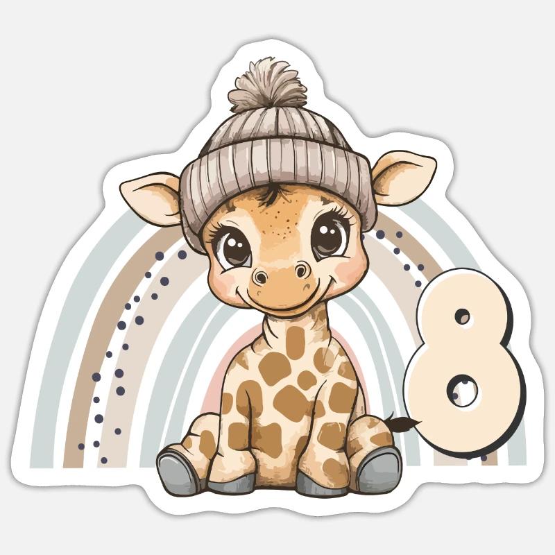 8. Geburtstag Giraffe Regenbogen Süß Niedlich - Sticker Größe S (10 x 10 cm) - Mattweiß