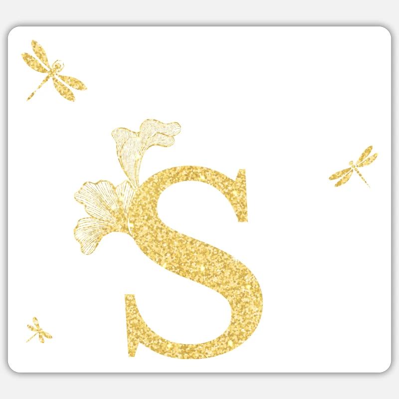 Buchstabe s Goldene Glitzer Libelle - Geschenkidee Sticker Größe S (10 x 10 cm)