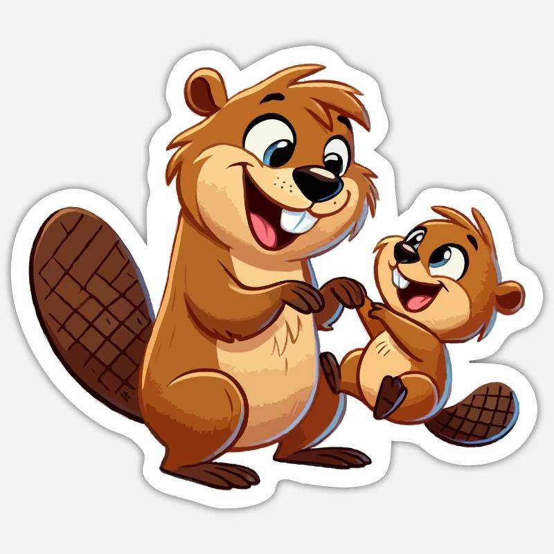 Bibermutter mit herumtollendem Kind - Sticker Größe S (10 x 10 cm) - Mattweiß