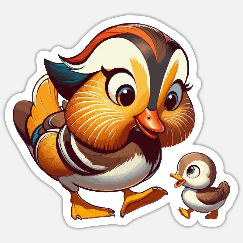 Mandarin duck with young - Sticker size S (10 x 10 cm) - white matte