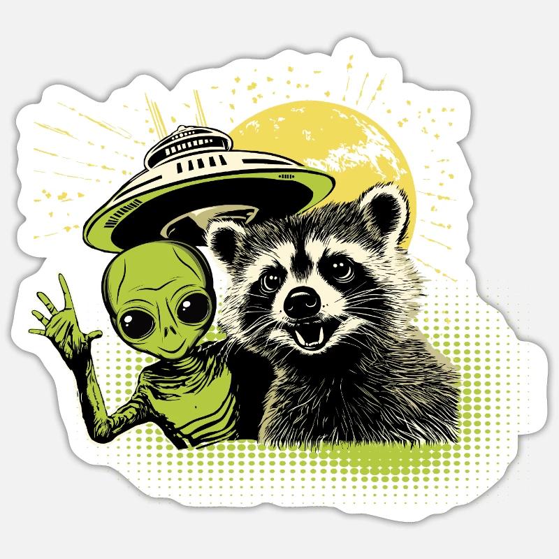 Waschbär & Alien - Sticker Größe S (10 x 10 cm) - Mattweiß