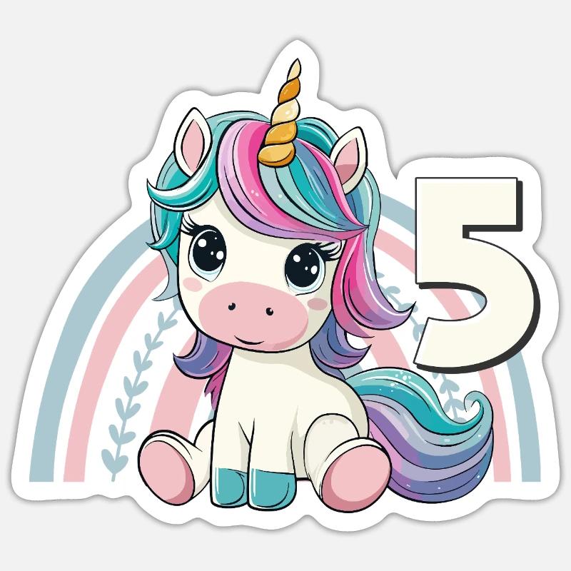 5. Geburtstag Einhorn Regenbogen Süß Niedlich - Sticker Größe S (10 x 10 cm) - Mattweiß