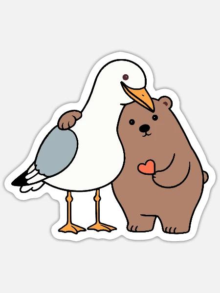 North Sea Seagull Brown Bear Friendship Love Lean - Sticker size S (10 x 10 cm) - white matte
