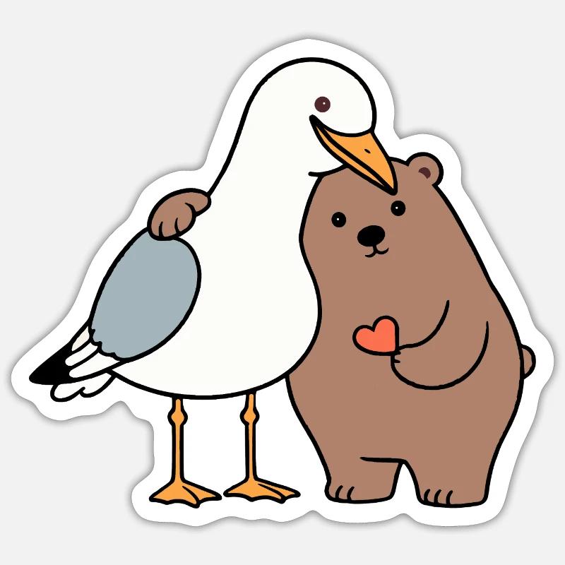 North Sea Seagull Brown Bear Friendship Love Lean - Sticker size S (10 x 10 cm) - white matte