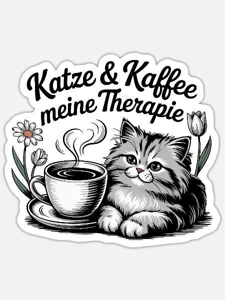 Katze ist meine Therapie - Katze und Kaffee - Sticker Größe S (10 x 10 cm) - Mattweiß