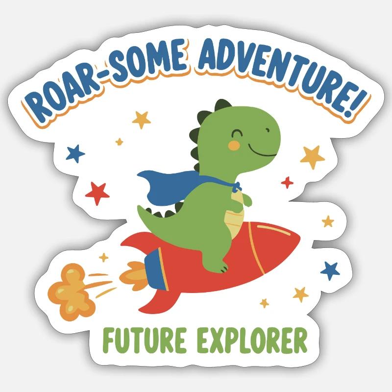 Dino on rocket adventure - Sticker size S (10 x 10 cm) - white matte