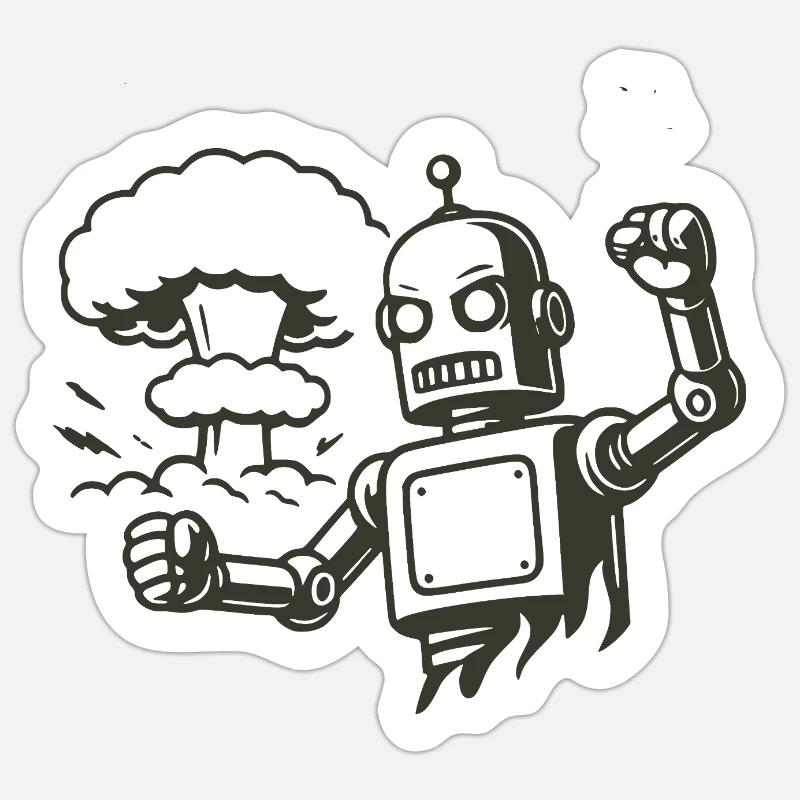 Robot rétro devant un nuage d’explosion - Sticker taille S (10 x 10 cm) - blanc mat