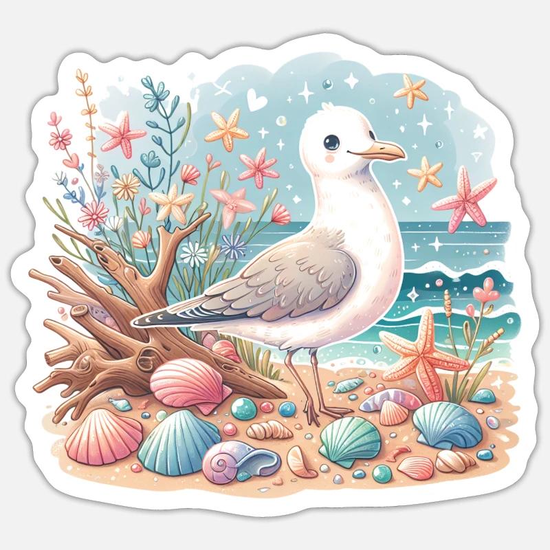 Seagull Beach Coquillages Côte Maritime - Sticker taille S (10 x 10 cm) - blanc mat