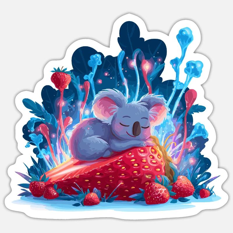 Schlafender Koala auf Erdbeere Neonwald - Sticker Größe S (10 x 10 cm) - Mattweiß
