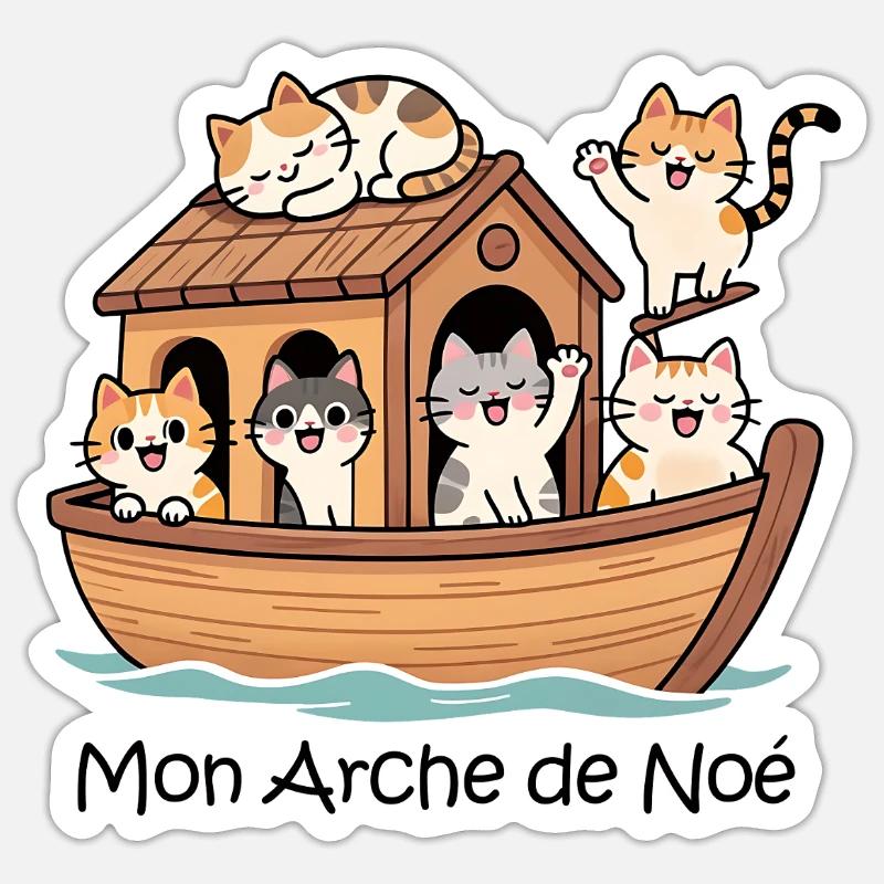 Arche de Noé avec des chats - Sticker taille S (10 x 10 cm) - blanc mat