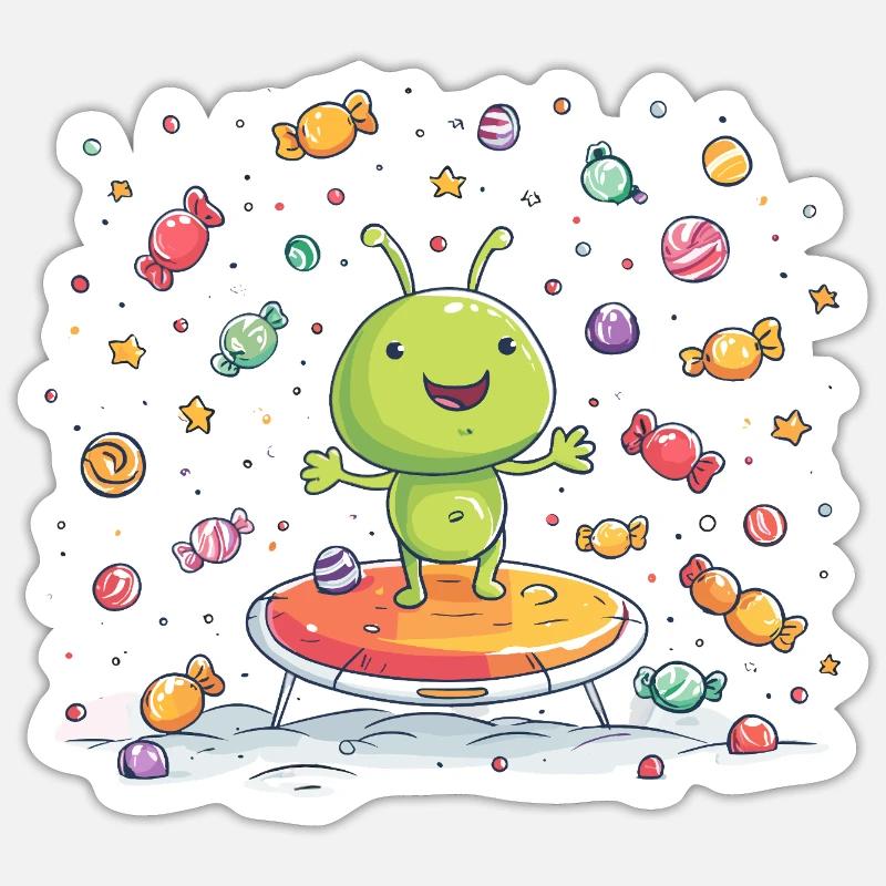Petit extraterrestre vert sur un trampoline - Sticker taille S (10 x 10 cm) - blanc mat