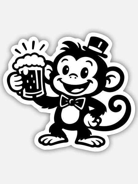 Affe mit Bierkrug Schwarz - Sticker Größe S (10 x 10 cm) - Mattweiß