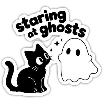 Cute Cat Meets Ghost | Minimal Halloween Motif - Sticker size S (10 x 10 cm) - white matte - Front