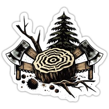 Holzfäller Motiv mit Baumstamm und Äxten - Sticker Größe S (10 x 10 cm) - Mattweiß - Vorne