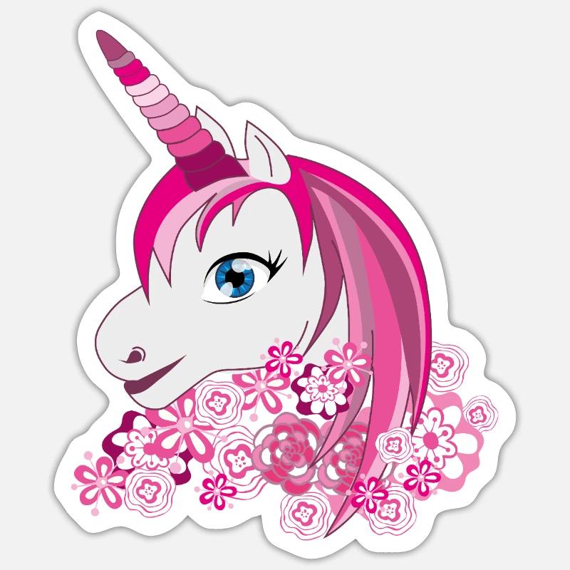 Pinkes Einhorn mit Blütenkrone - Sticker Größe S (10 x 10 cm) - Mattweiß