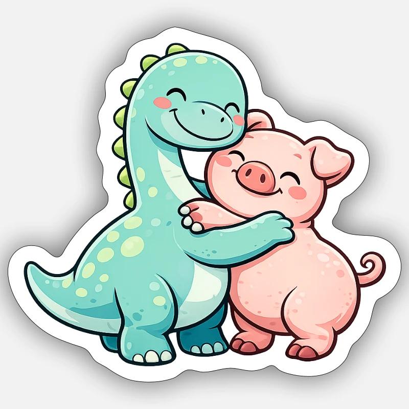 Brontosaure et cochon mignons - Sticker taille S (10 x 10 cm) - blanc mat