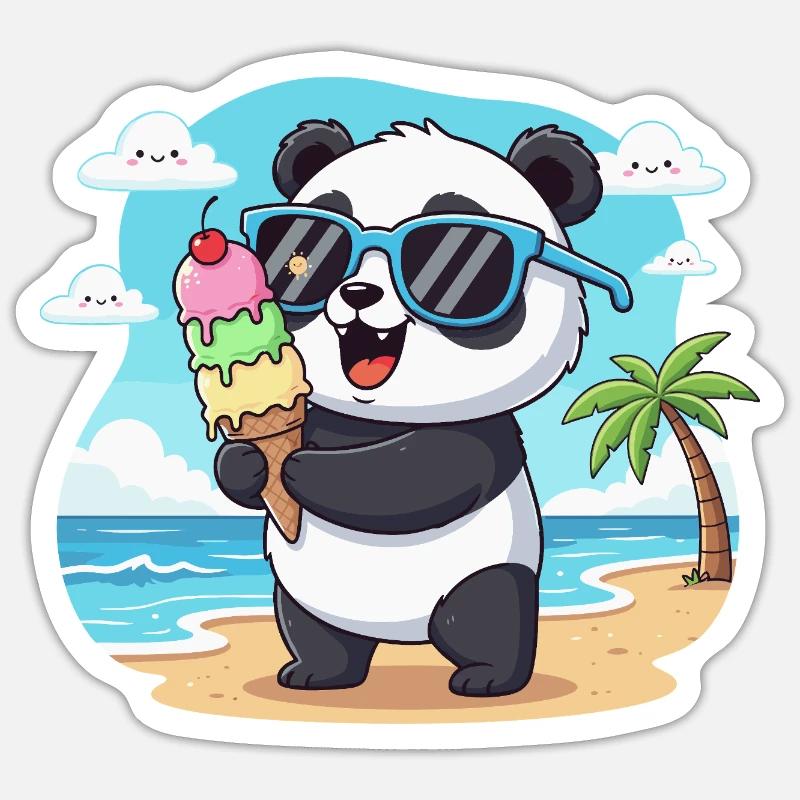 Panda am Strand mit Eiscreme - Sticker Größe S (10 x 10 cm) - Mattweiß